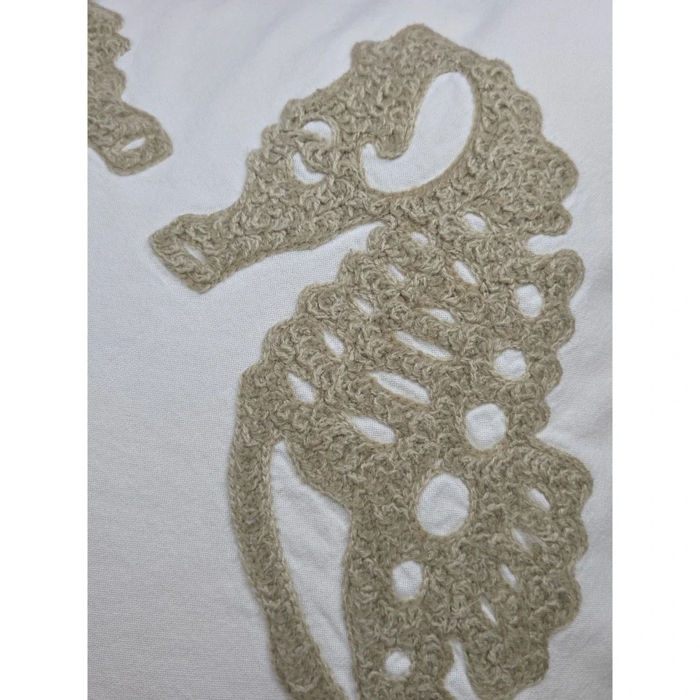 Pottery Barn Throw Pillow Embroidered Crewel Seahorses 2010 18x18